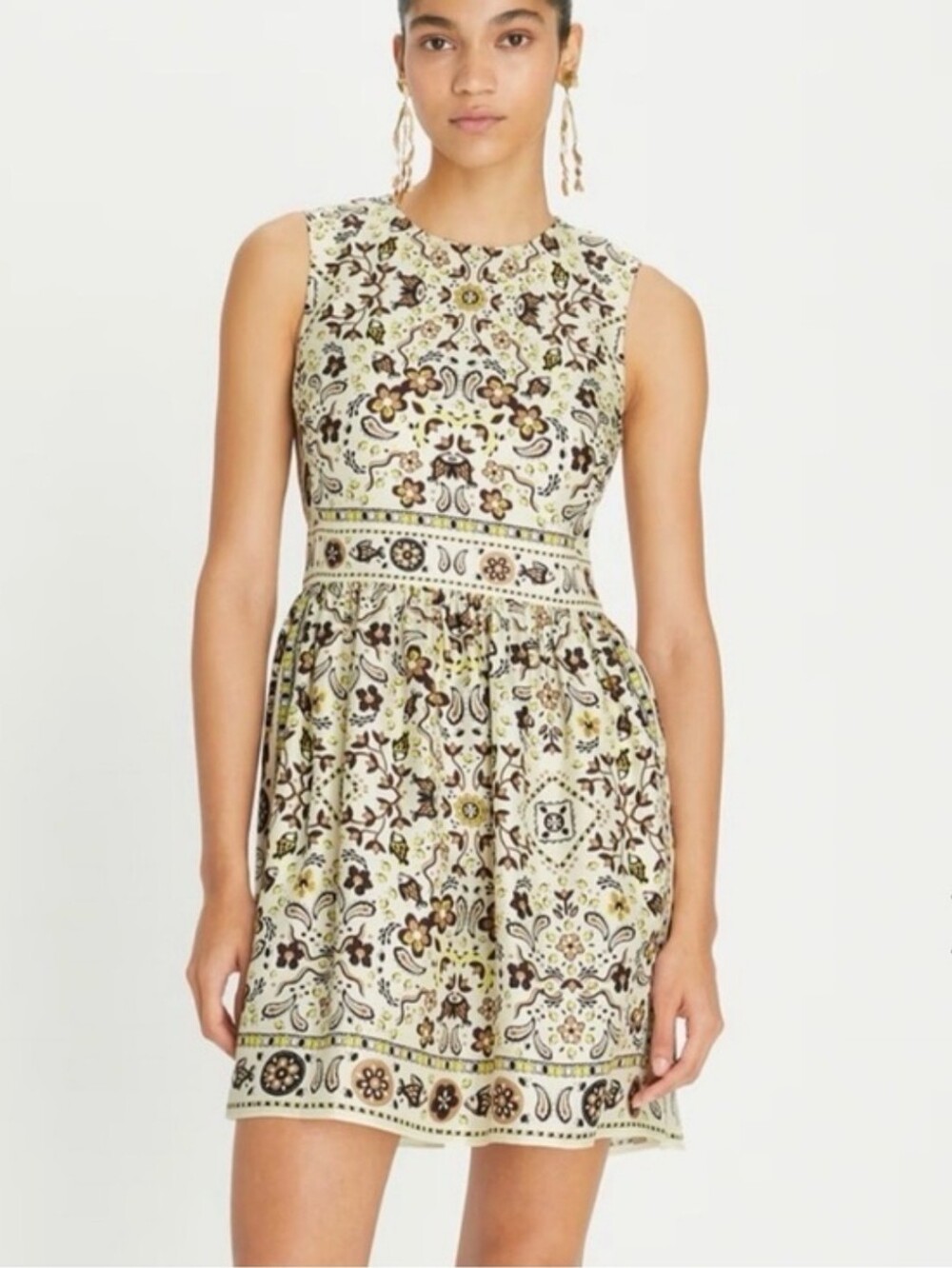 Tory Burch Sleeveless Floral Medallion Mini Dress in Ivory, Brown, and Yellow